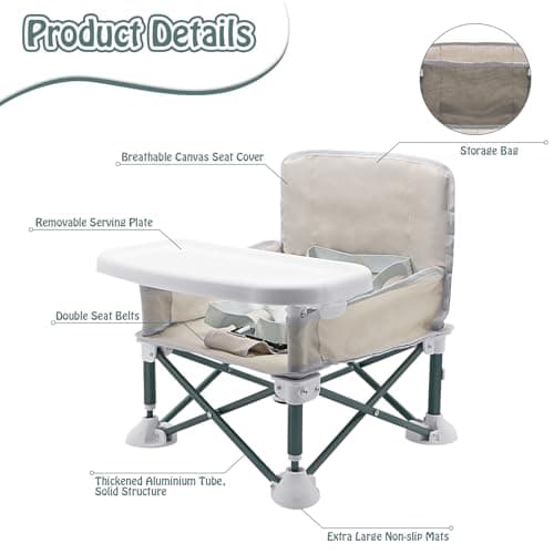 ICEBLUEOR Baby Camping Chair with Tray, Folding Toddler Booster Seat, Portable High Chair Baby Seat with Travel Bag, Travel Highchair, Baby Feeding Chair for Picnic Camping Beach Travel — view 3