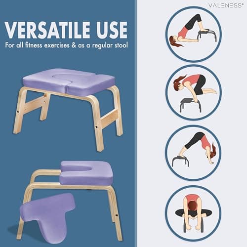 VALENESS® Yoga Headstand Stool - Premium Quality Yoga Stool Including Yoga Strap, Yoga Block & Exercise Poster - Yoga Chair for Handstand Exercise Made of Solid Natural Wood (Violet) — view 5