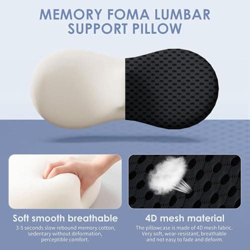 YUGEVRA Lumbar Support Pillow for Lower Back Pain Relief – Ergonomic Streamline Memory Foam Cushion for Office Chair, Car Seat, Gaming, Recliner and Sleeping (Black) — view 3