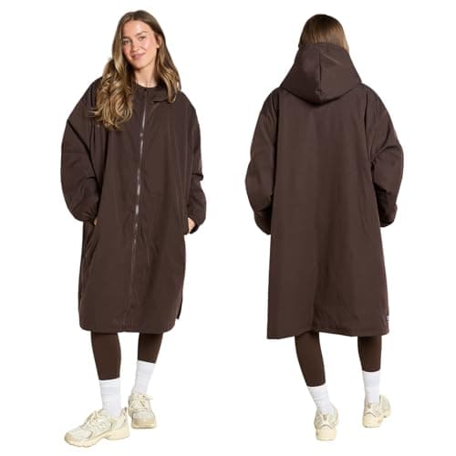 OHS Women's Jackets Drying Robe, Waterproof Jacket Men Fleece Lining Rain Coats for Women Changing Robe with Hood & Pockets Lightweight Ladies Jackets for Outdoor Travel, Dark Brown - L/XL