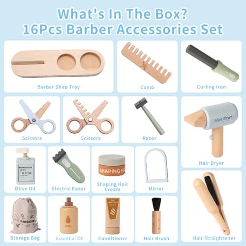 FIIOEOY Wooden Hairdresser Set for Kids Role Play Toys Kids Barber Shop Playset Hairdressing Set, Educational Montessori Hair Salon Pretend Play Kit Gift for 3 4 5 Year Olds Boys Girls — view 6