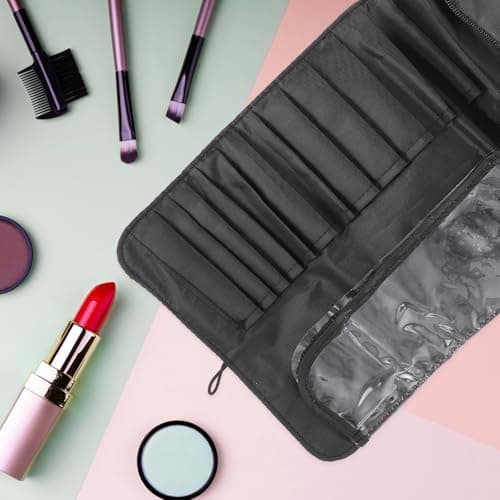 VILLCASE Portable Cosmetic Holder Makeup Tools Roll Bag Black Leather Travel Cosmetic Pouch for Women Home Use — view 5