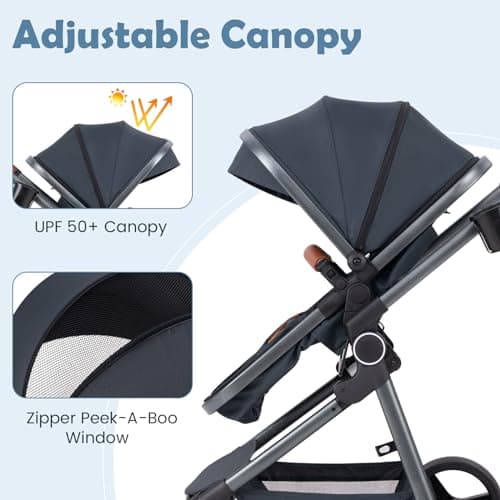 COSTWAY Baby Pushchair, Foldable Travel System Pram with Reversible Seat, Adjustable Canopy & Backrest, Storage Basket, Cup Holder, Aluminum Structure Stroller for 0-36 Months (Dark Blue) — view 3