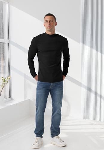 QIXING Men's Thermal Top, Long Sleeve Mock Neck Cotton Base Layer, Black, L — view 3