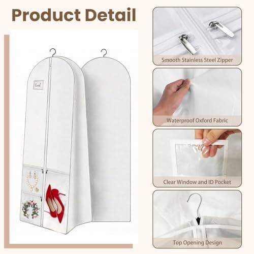 70" Wedding Dress Bag with Bride Tote Bag Covers Garment Bags with 3 Pockets and ID Slot Suit Carriers for Ball Gowns & Bridal Dress Dustproof Dress Carriers for Women Dancers Travel,White — view 3