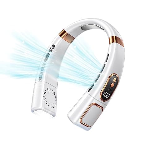 Neck Fan, Portable Neck Fan Rechargeable, Bladeless Fan with 5 Speeds, Light, LED Display & Ice Tiles, Wearable Hands-Free Personal Hanging Fan for Men & Women, Travel, Office, Home (White)