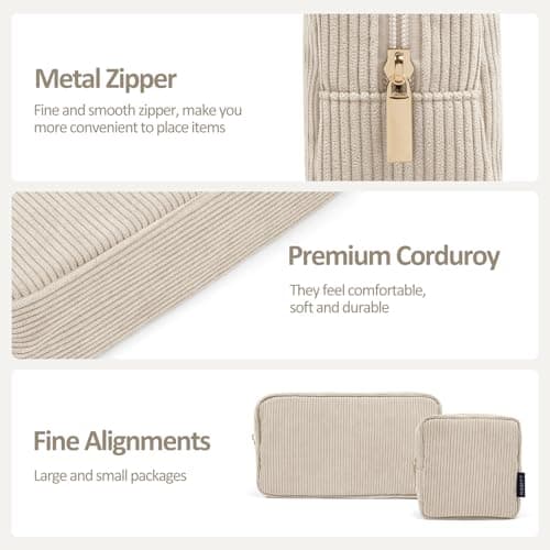 Makeup Bag, MAGEFY 2 Pcs Small Makeup Bag for Handbag Corduroy Pouch with Compartments Travel Makeup Cosmetic Bag for Women (Beige) — view 4