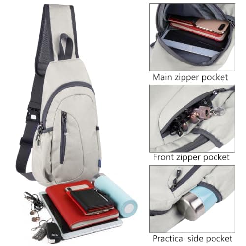 TITECOUGO Canvas Small Sling Bag Lightweight Crossbody Bag for Women Rucksack for Men Running Backpack Travel Chest Pack Daypack Shoulder for Gym Work Hiking Outdoor Sports Light Grey — view 2