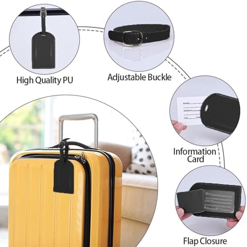 Luggage Tags, 6 Pcs Leather Suitcase Labels Travel Luggage Tag with Name ID Card Baggage Labels Tags for Luggage Bags Backpacks Cruise Waterproof Travel Accessories（Black） — view 3