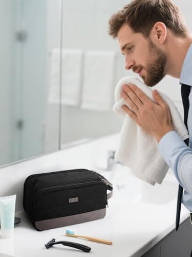 WANDF Toiletry Bag for Men Travel Wash Bag Toiletry Organizer Canvas and PU Leather Dopp Kit Water-Resistant Shaving Kit for Travel Accessories (Black, Patent Pending) — view 5
