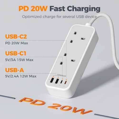 TESSAN 1.5M Extension Lead with PD 20W USB C Charger (4 USB Slots) — view 3