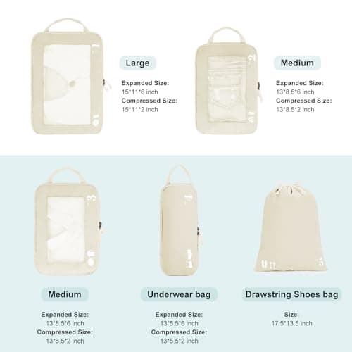 ECOHUB 5 Set Compression Packing Cubes for Suitcases Organiser Bags Travel Accessories with Shoes Bag Tear-resistant Travel Cubes with ID Tag Expandable Packing Bags(Beige) — view 2