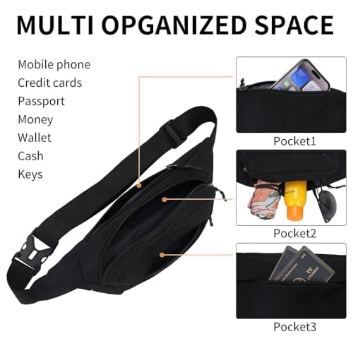 Bumbags Waist Fanny Packs for Men Women Fashion Bum Bag with Adjustable Belt for Sport Running Hiking Travel Cycling Walking Dog Boys Ladies (Black) — view 3