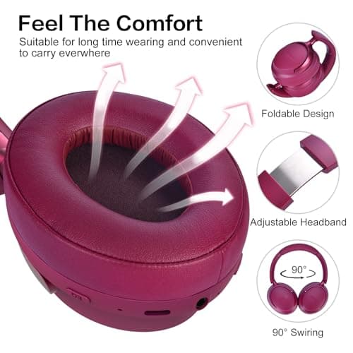 RORSOU B8 Bluetooth Headphones Over Ear, 6 EQ Music Modes and 50H Playtime Deep Bass Wireless Headphones with Mic, Lightweight Folding HiFi Stereo Headset for iPad/Travel/Tablet/PC/Home Red — view 3