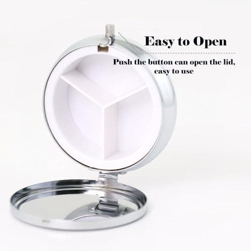 Belegao Pill Box with Mirror 3 Compartment Small Metal Pill Case for Pocket — view 3