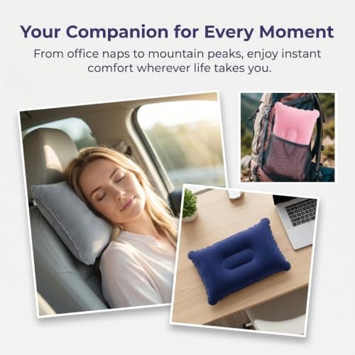 Valicaer 4 Pack Inflatable Camping Pillows, Soft Flocked PVC Blow Up Pillows, 34x22cm Portable Travel Neck Support for Hiking, Beach, Office (Pink+Grey+Black+Navy Blue) — view 6