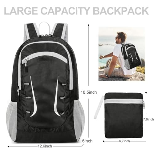 Alitifiy Lightweight Foldable Backpacks, 30L Packable Waterproof Small Hiking Bags & Packs Knapsack Daypack Handy for Men Women Ladies Kids Travel Camping Outdoor Rucksack Bag Pack (Black Grey) — view 2