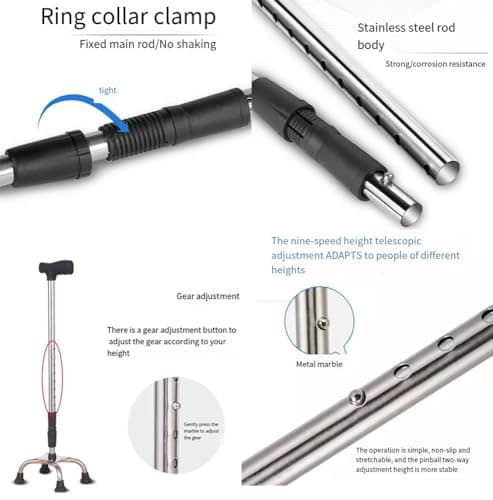 Orthologics™ 4 Feet Walking Stick Small Based Quad Cane/Tetrapod with Non slip Rubber Ferrules. Fully Adjustable -10 Height Settings Extra Stability for Elderly M9 — view 4