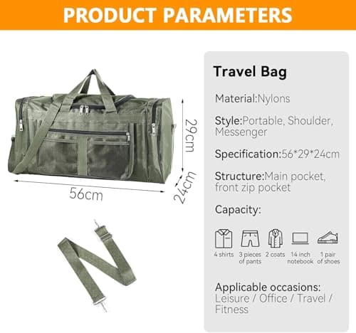 BREEZENEST Large Sports Holdall Bag 60L Duffel - Water Resistant Nylon Gym Bag for Men, Fishing & Travel, Army Green/Black, Spacious 56x29x24cm Weekender Bag with Shoulder Strap (Green) — view 4