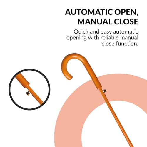 Jollybrolly Large Umbrella Orange| Wooden Walking Stick Umbrella, Crook Handle Large Canopy for Sun Protection Rainproof | Strongest Windproof Travel | Mens Umbrella Waterproof Long Stick — view 4