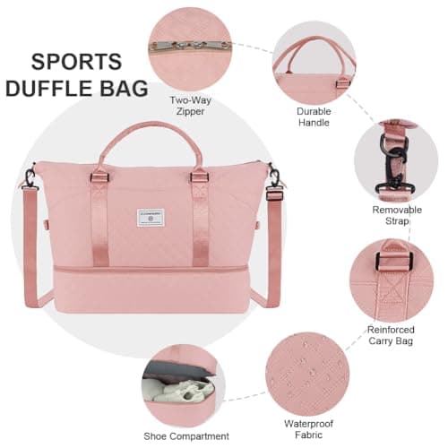 OSDUE Womens Gym Bag, 50L Large Travel Duffle Bags for Weekend Overnight with Wet Pocket, Toiletry Bag, Shoe Compartment, Cabin Luggage Holdall Bags for Hospital Sports, Pink — view 3