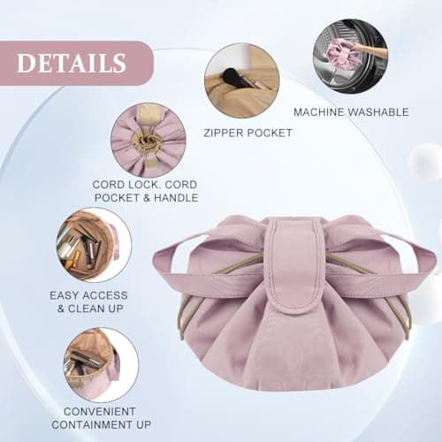 URAQT Large-Capacity Travel Cosmetic Pouch, Portable Quick Pack Lazy Drawstring Make Up Bag for Daily Use, Magic Cosmetic Bag with Small Pocket for Women (Pink) — view 2