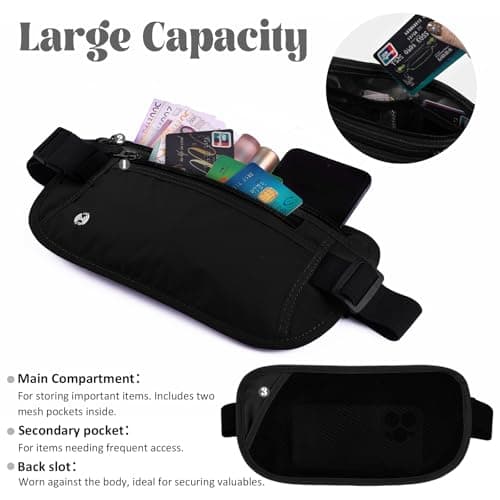 Money Belt for Travel Hidden Men Women, Ultra-Thin Money Pouch with RFID Blocking, Waterproof Waist Bag, Fanny Pack with Adjustable Strap, Bumbag for Passport, Cash, Documents, Phone (Black) — view 5