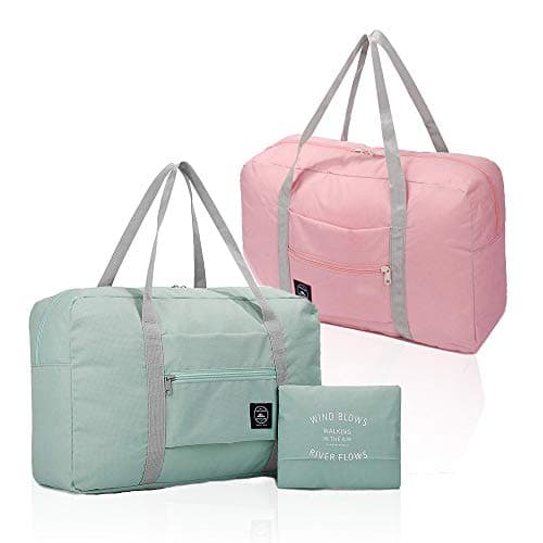 (2 Pack) Foldable Travel Duffel Bag, Waterproof Airlines Carry On Luggage Bag, Lightweight Travel Luggage Bag for Sports, Gym, Vacation (Light Blue, Light Pink)