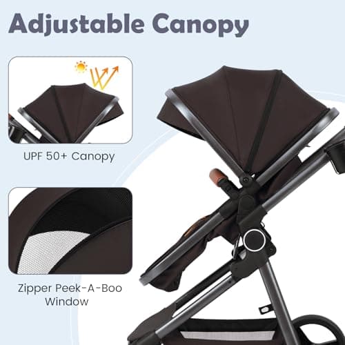 COSTWAY Baby Pushchair, Foldable Travel System Pram with Reversible Seat, Adjustable Canopy & Backrest, Storage Basket, Cup Holder, Aluminum Structure Stroller for 0-36 Months (Black) — view 3