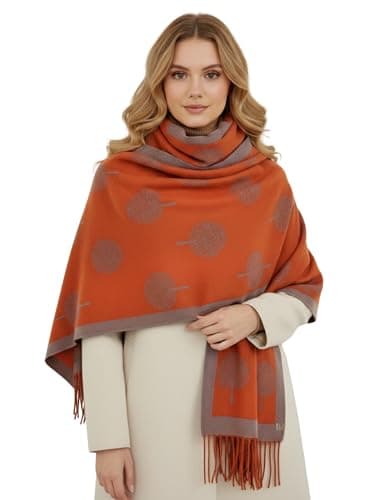Cashmere Tree Life Blanket - Reversible Pashmina Shawl, Winter Wrap, Warm Scarf, Tree of Life Print Ladies Scarf, Womens Gifts (Orange)