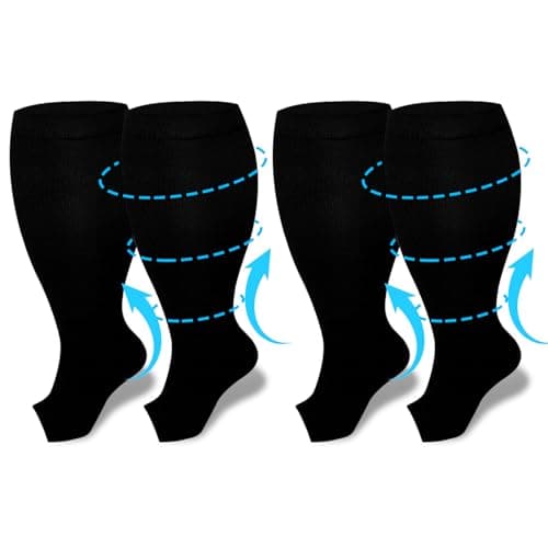 UZSUZZ Plus Size Compression Socks for Women Men, 2 Pairs 15-20 mmHg Graduated Compression Support Stockings, Wide Calf Open Toe Knee High Stockings for Running Flying Pregnancy Nurse Travel Edema