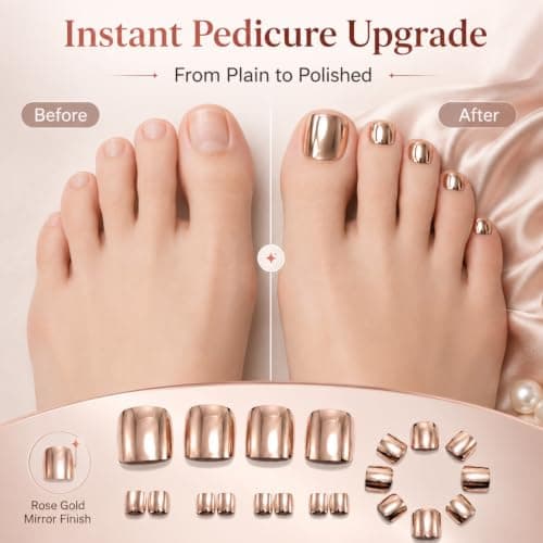 Rose Gold Chrome Press On Toe nails, Short Square Fake Toenails with Glue — view 4