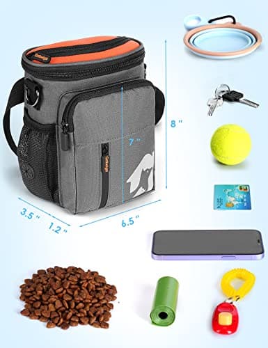 Gobeigo 8 Cup Dog Treat Pouch and Training Clicker, Dog Walking Bag with Phone Holder, Built-in Poop Bag Dispenser, 3 Ways Wearable Pet Fanny Pack for Outdoor Travel(Gray & Black) (Gray/Orange) — view 5