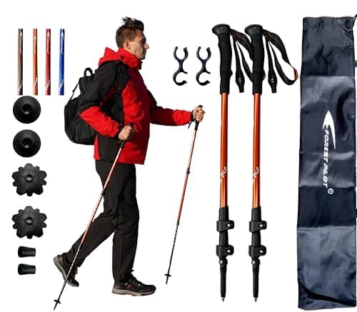 FOREST PILOT Trekking Poles - Lightweight 7075 Aluminum with Flip Lock & All Terrain Accessories - Pair of 2 Walking Sticks for Hiking with EVA or Beech Wood Grip (EVA Grip- Orange)