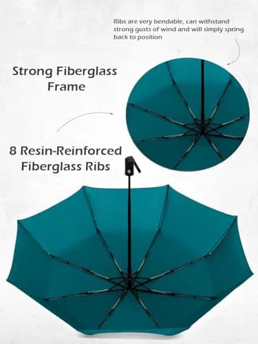 UK-UNIQUE Windproof Travel Umbrella - Compact, Light, Automatic, Strong and Portable - Wind Resistant, Small Folding Backpack Umbrella for Rain - Men and Women (Teal) — view 3