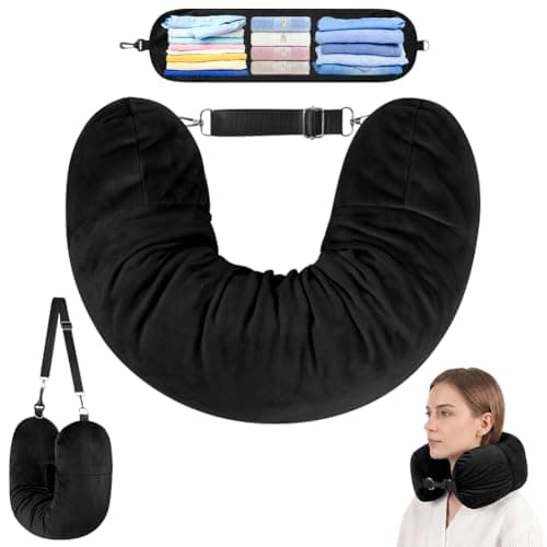 Adiwo Multifunctional Stuffable Travel Pillow, Travel Pillow Stuffable with Clothes, Soft Stuffable Neck Pillow, Fillable for Extra Luggage with Adjustable Straps, for Airplane Camping Train, Black