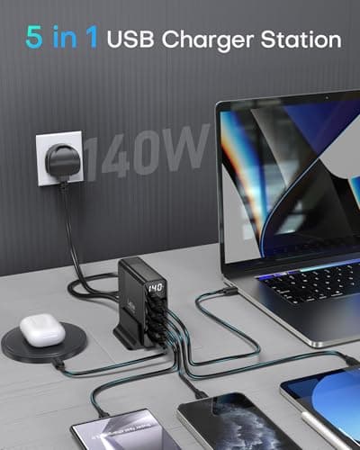 140W USB C Fast Charger Plug with Display, 5 Port GaN Charging Station Hub — view 4