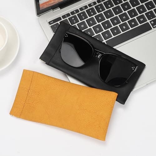 Etercycle Soft Eyeglass Case, 2 Pcs Travel Sunglass Cases Portable Squeeze Top Leather Glasses Bag for Women Men(Black, Brown) — view 4