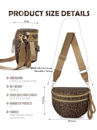 Pure Colour Crossbody Bag Bum Bag for Women,Spacious Purse Fanny Packs Belt Bag,Oversized Bum Bag, Brown Coffee Leopard Print Bum Bag, 11.0 Inches X 8.6 Inches X 4.5 Inches, Casual — view 3