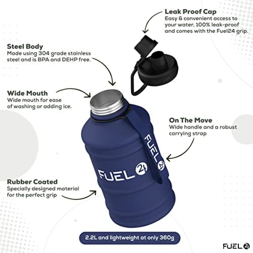 Fuel24 1.3L/2.2L Water Bottle Metal - STRONG, Drop & Leakproof BPA free 1L 2L Stainless Steel (2 Litre) - Large Gym Bottles for Men, Sports Bottle, Travel, Hiking Water Bottle — view 2