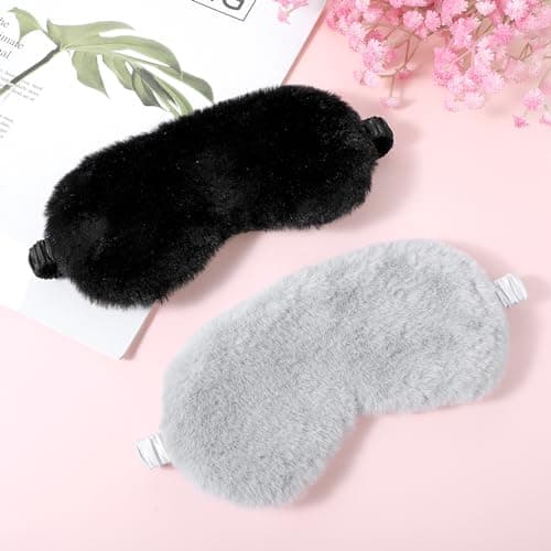 2 Pcs Plush Eye Mask Soft Sleeping Blindfold Eye Cover Comfortable Furry Faux Fur Sleeping Mask Satin Nap Night Eyeshade Cover for Women Men Gift (Black, Gray) — view 5
