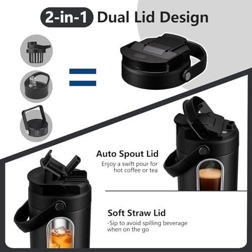 KANGZY Coffee Cup Travel Mug 600ml – Stainless Steel Insulated Water Bottle, 2-in-1 Lid, Vacuum Thermal Cup, Leak-Proof Design, Keeps Drinks Hot 8H+ / Cold 24H – Work, Travel & Car (Jet Black) — view 2