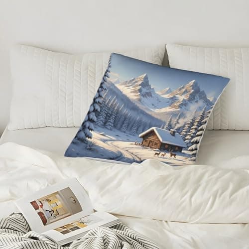 Snowy Cabin Organic Cotton Winter Mountain LandscapePillow Slip Set of 2 Kids Toddler Hypoallergenic Double Bed UK Standard Size Eco-friendly No Pilling No Fade 40x40cm — view 5