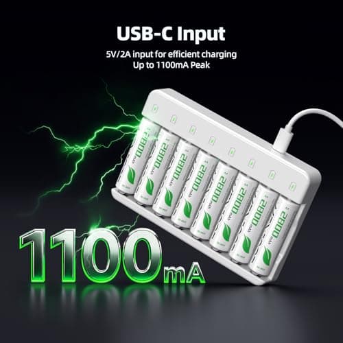 WENJOOP Rechargeable AA Batteries and Charger Bundle, 8 AA 2800mAh NiMH Batteries + 8-Slot AA AAA NiMH NiCd USB-C Charger, 1.2V Battery Charging Set — view 5