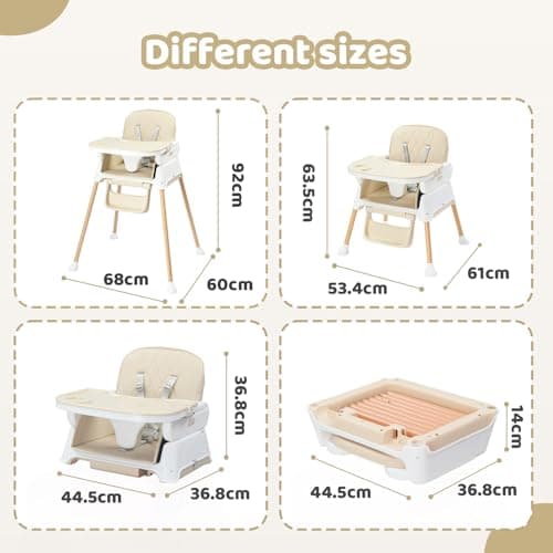 Bonnlo 4-in-1 Foldable Baby High Chair, Adjustable Height with Detachable Tray, 5-Point Safety Harness, Highchair for Toddlers 6 to 36 Months, Beige — view 3