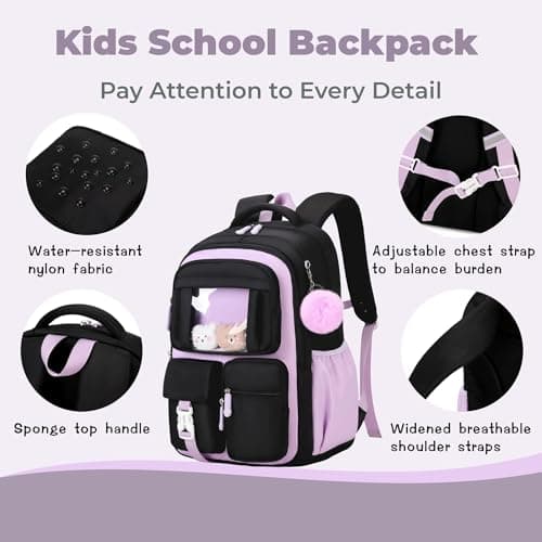 Kawaii Girls Backpack for Kids School Bag, Capacity Bookbag Rucksack for Girls Daypack, B552-Black+Purple — view 5