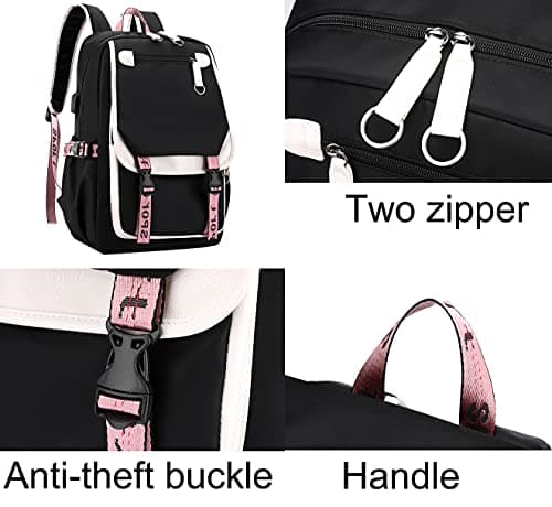 SellerFun Teenage girls' Backpack Middle School Students Bookbag Outdoor Daypack With USB charge Port (4# Black Pink, 21 Liters) — view 4