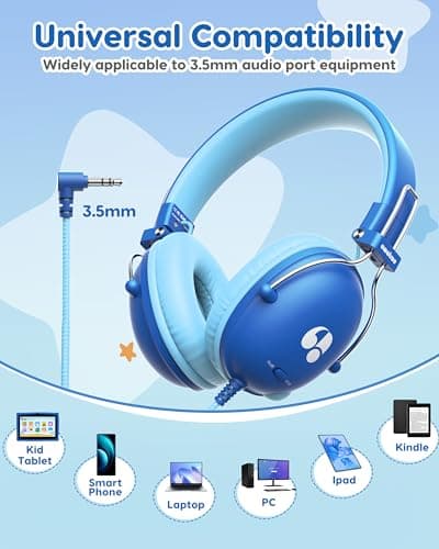 awatrue Kids Headphones, HK05 Wired Headphones for Kids with 74/85db Volume Limited, HD Sound, Sturdy Design & Super Light-135g, Over Ear earphones for iPad/Boys/Travel/School/Tablet (Blue) — view 6