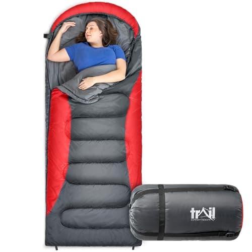 Trail Alpine 250 XL Sleeping Bag with Hood (L230cm x W100cm), Large Extra Wide Envelope Sleeping Bag, 2 to 3 Season Camping, Lightweight, Water Resistant, Soft Polycotton Liner, Compression Bag (Red)