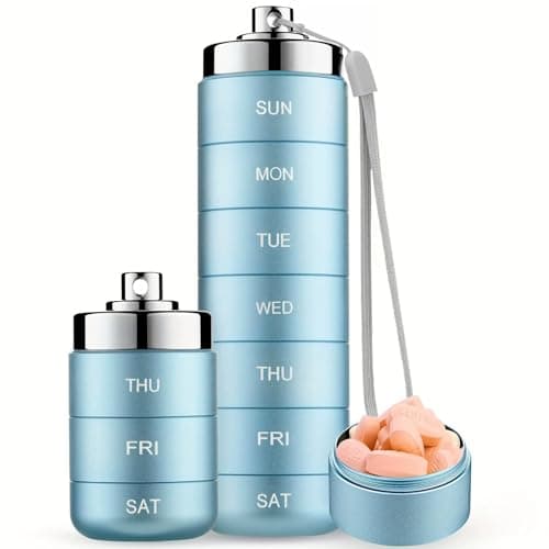 Metal Pill Organizer Weekly,Stackable Waterproof Travel Pill Box,Travel Hiking 7 Day Pill Box Case,Date Display,Large Compartment to Hold Pills, Vitamins,Fish Oil, Supplements (Blue)